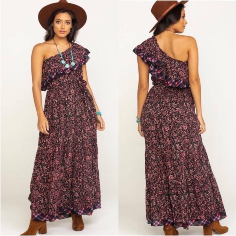 Free People Floral and PlaidOne-Shoulder Maxi Dress